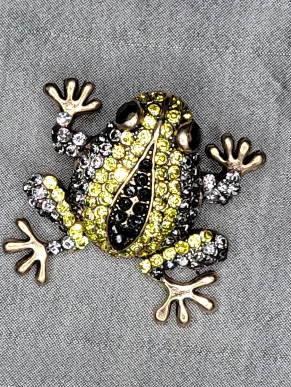 Green Black Rhinestone Frog Brooch